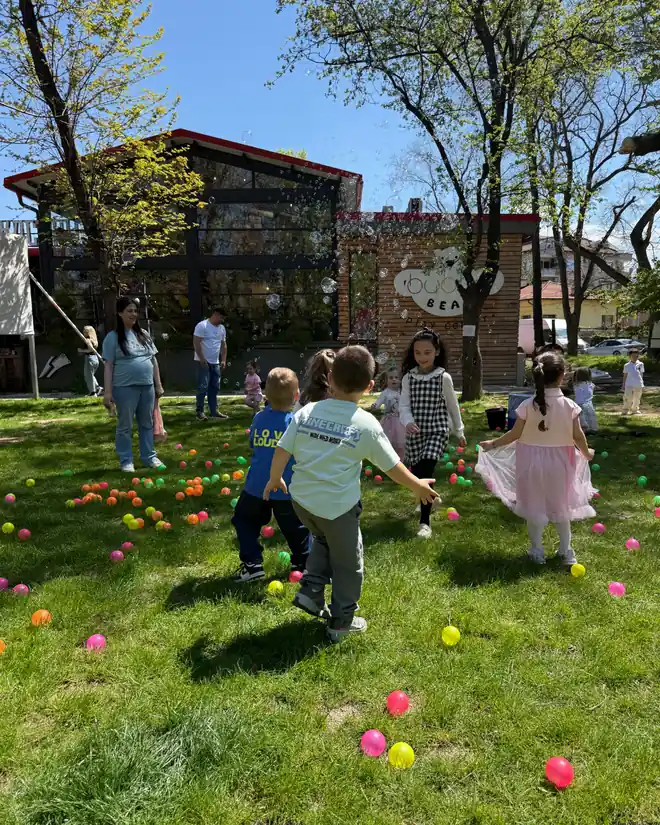 Children and animator in the outdoor park area of Bubbu Bear in Plovdiv