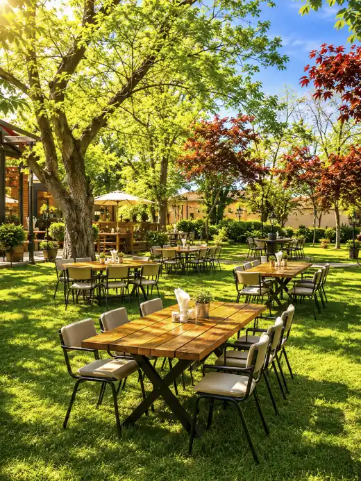 Tables in the garden of KASAPI restaurant in Komatevo, Plovdiv